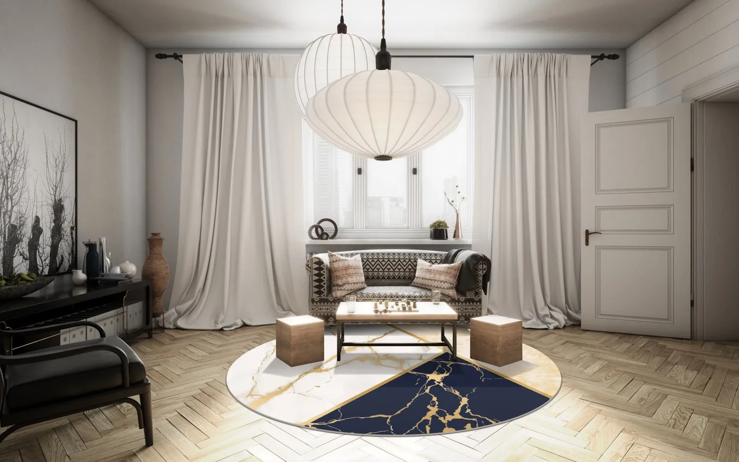 Kerek szőnyeg - Canelli (bezs/fehér/kék)