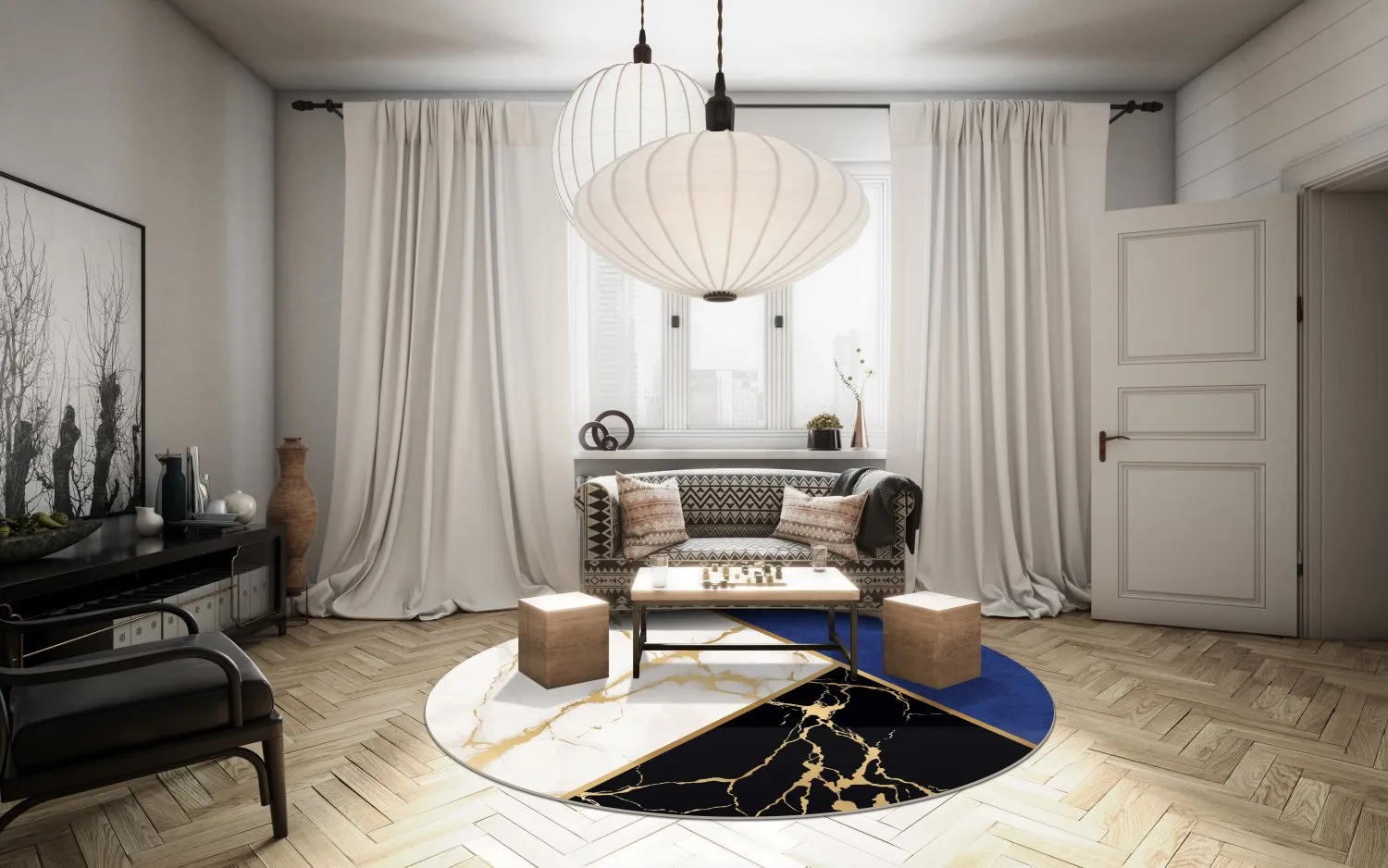 Kerek szőnyeg - Canelli (fekete/fehér/kék)