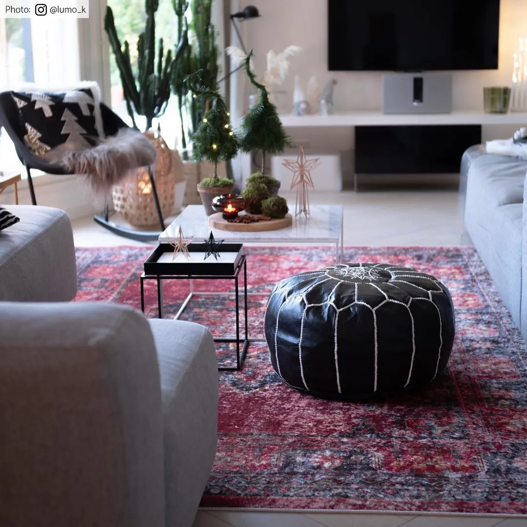 Ülőpuff - Marokkói bőrpuff (fekete/fehér)