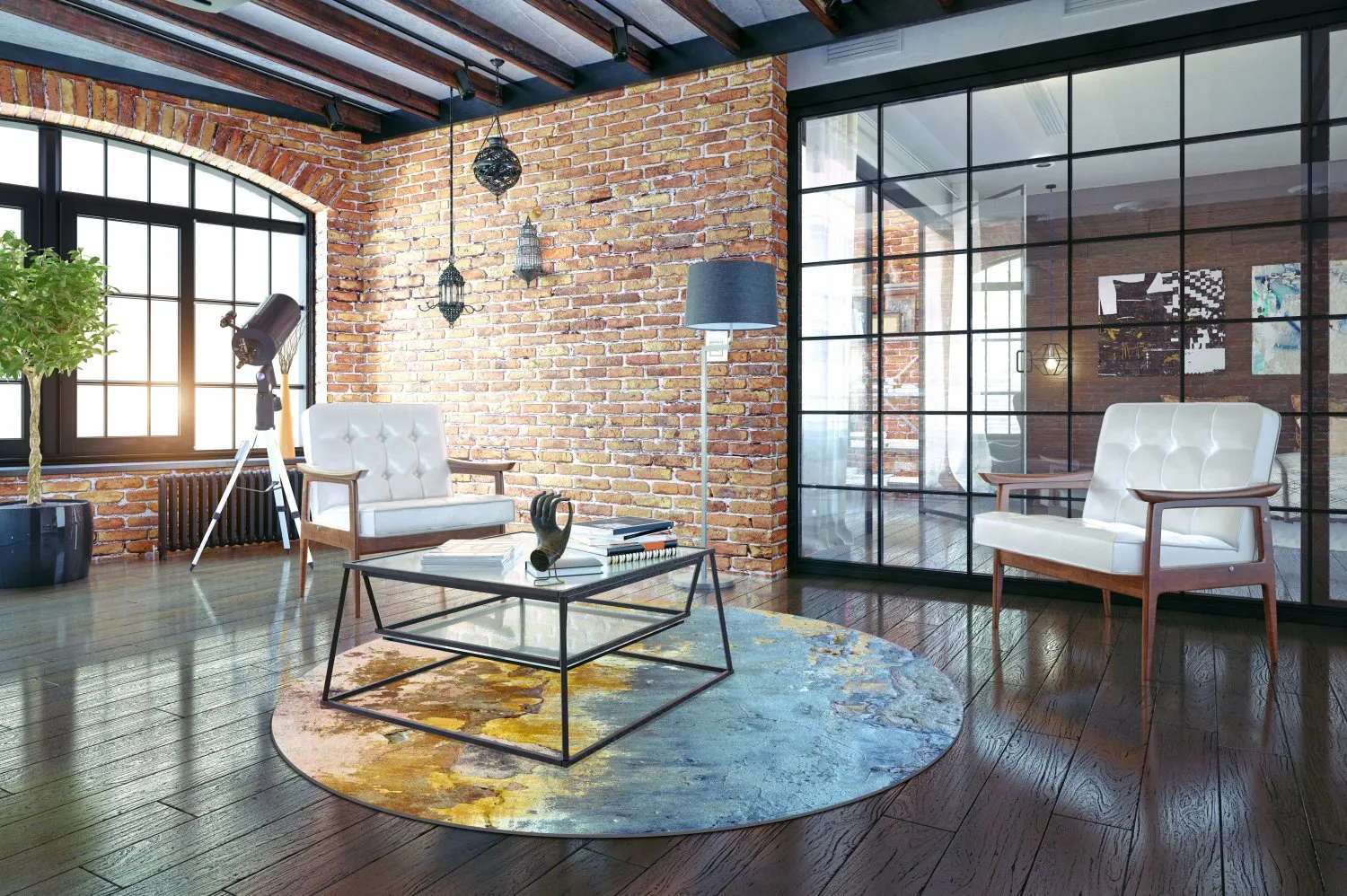 Kerek szőnyeg - Manlieu (kék/többszínű/arany)