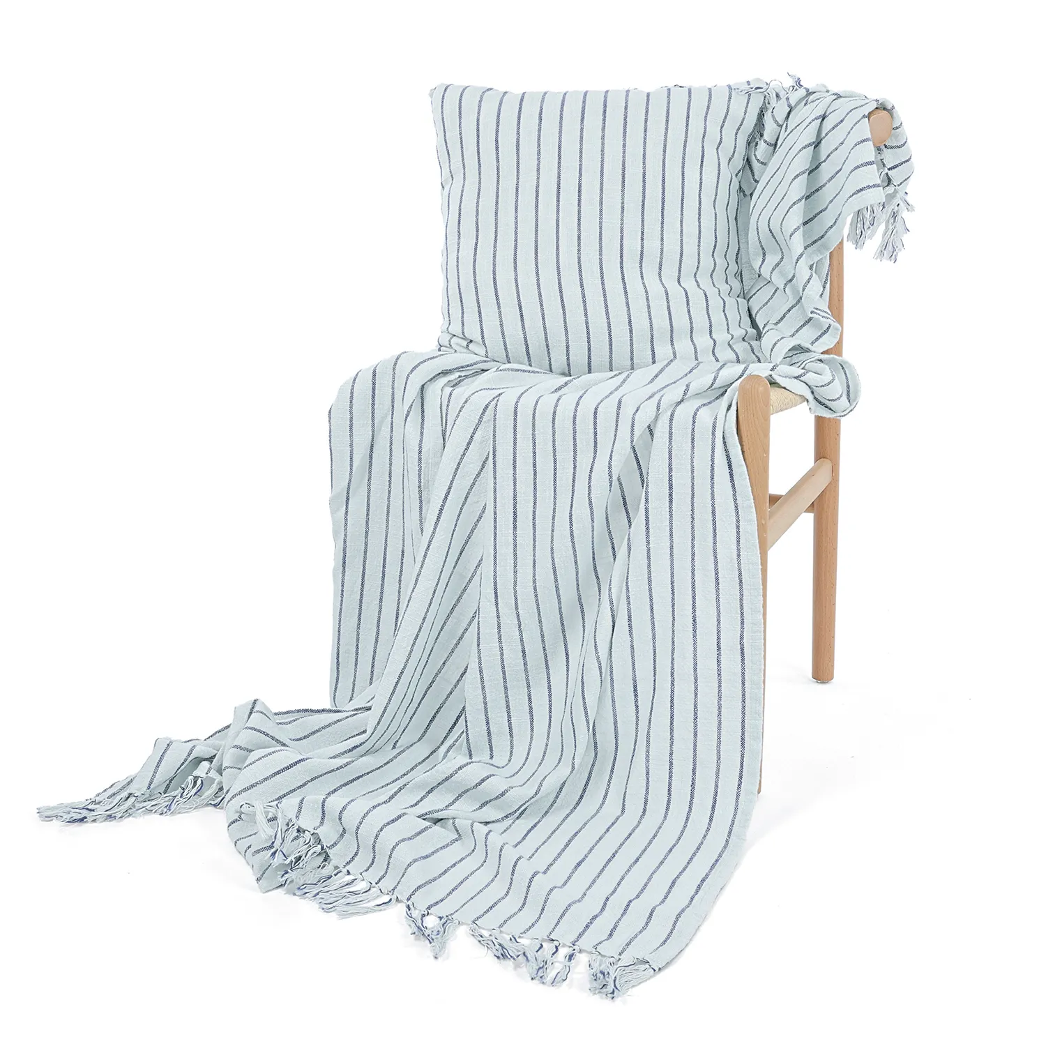 Takarók - Rumi stripe cotton throw (világoskék/sötétkék/krémszínű)