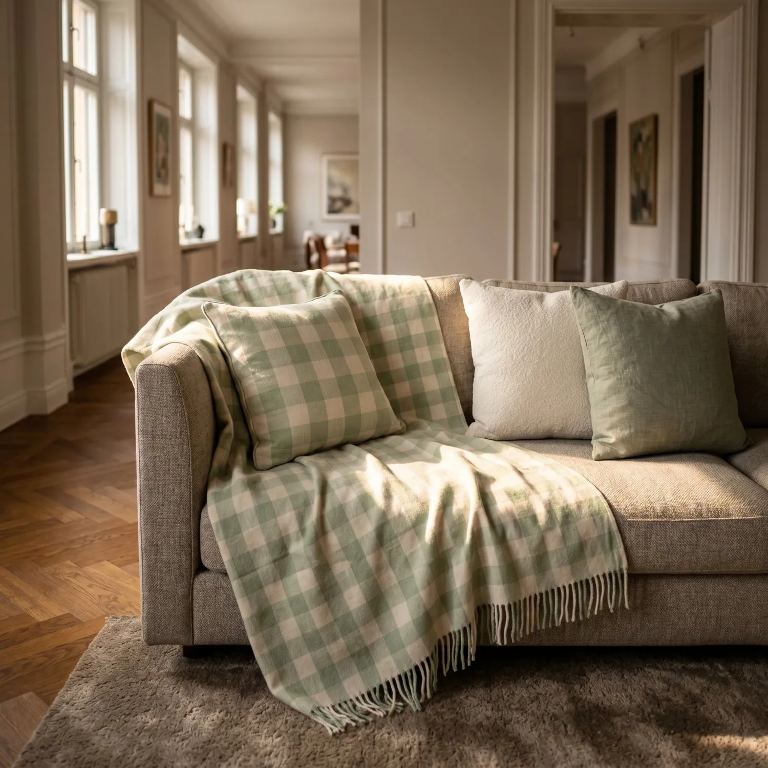 Takarók - Isela check cotton throw (krém/világoszöld)