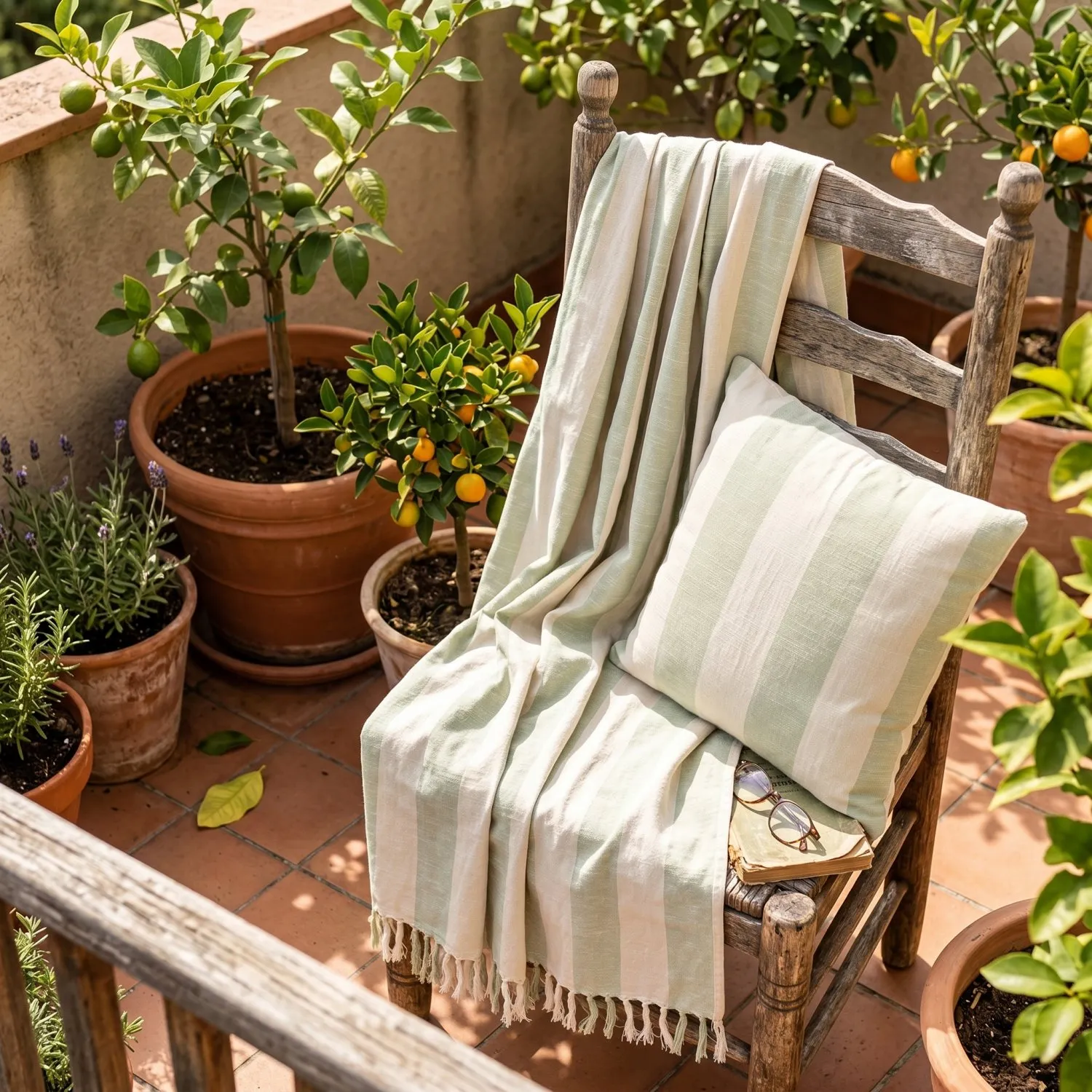 Takarók - Kora stripe cotton throw (krém/világoszöld)