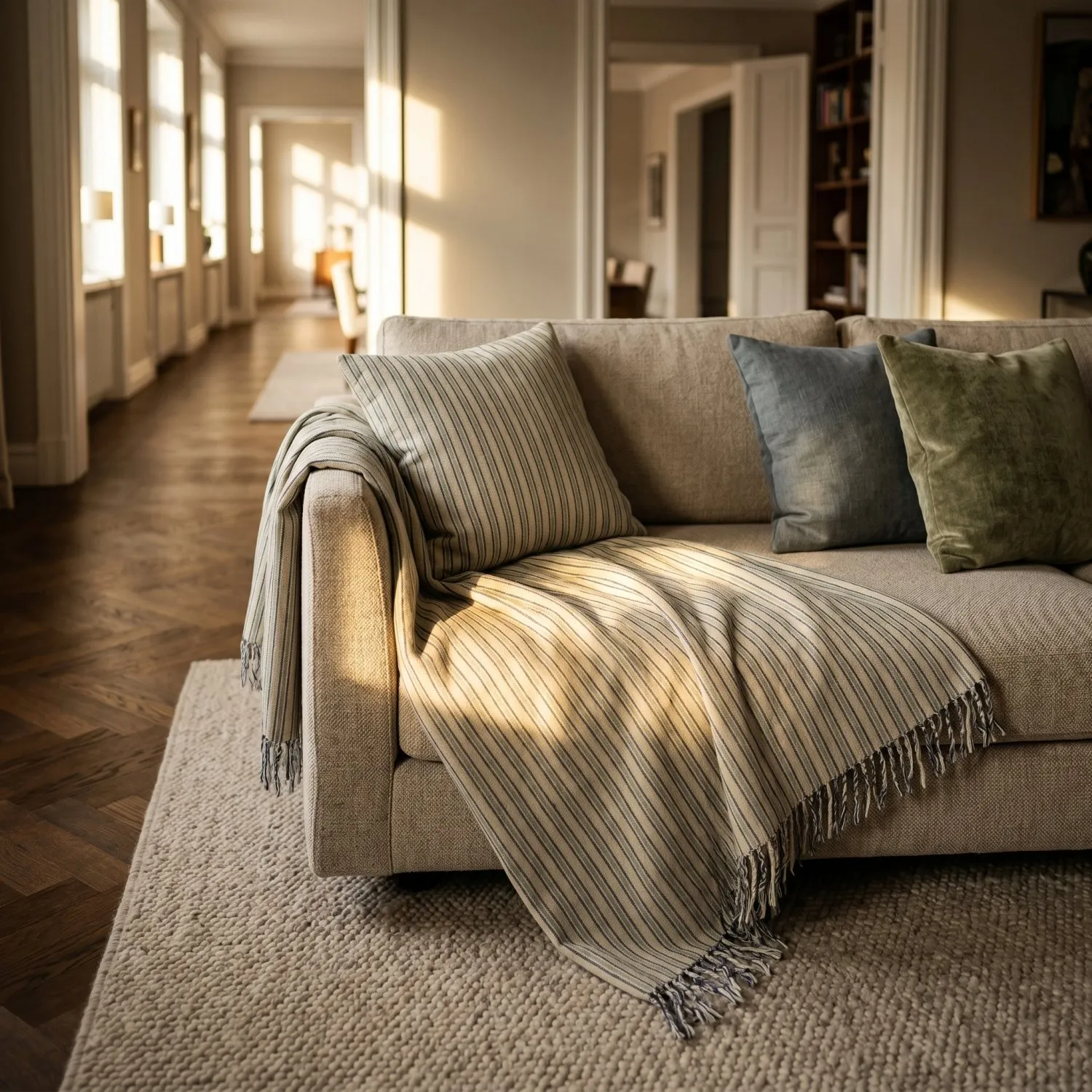 Párnahuzat - Rumi stripe cotton cushion cover (krém/sötétkék/világoszöld)