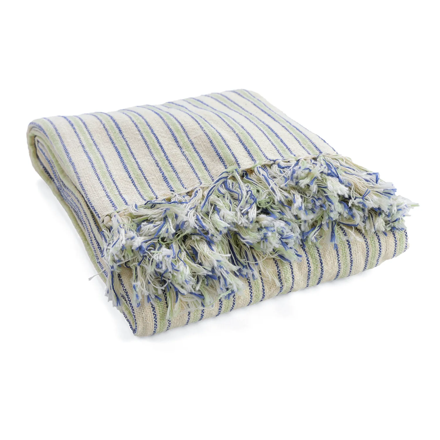 Takarók - Rumi stripe cotton throw (krém/sötétkék/világoszöld)