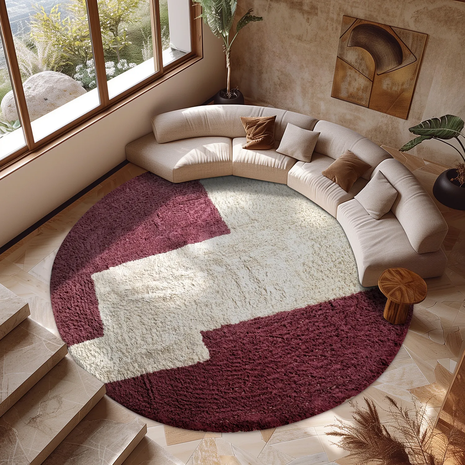 Kerek szőnyeg - Ricco Natural Cotton Shaggy (offwhite/borvörös)