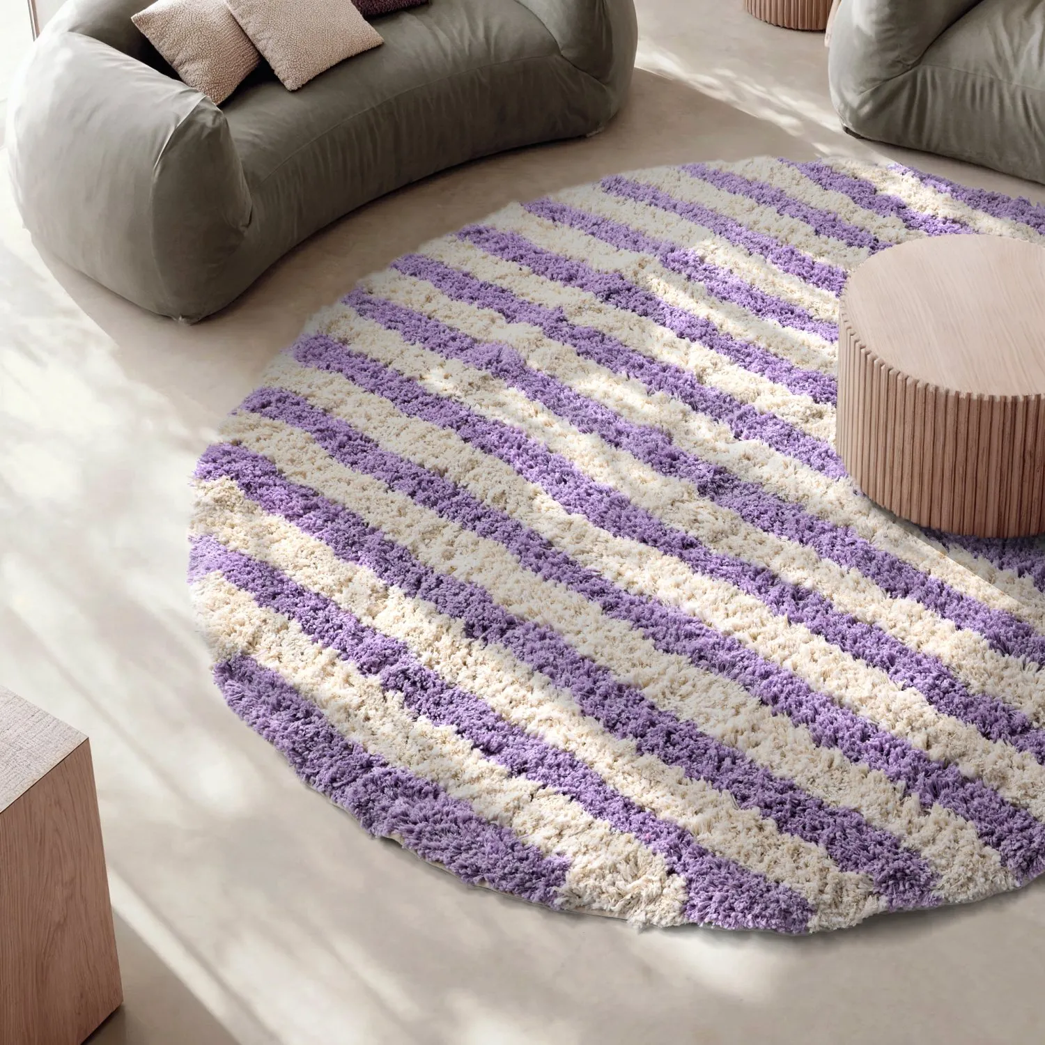 Kerek szőnyeg - Thira Stripe Cotton Shaggy (krém/világos lila)