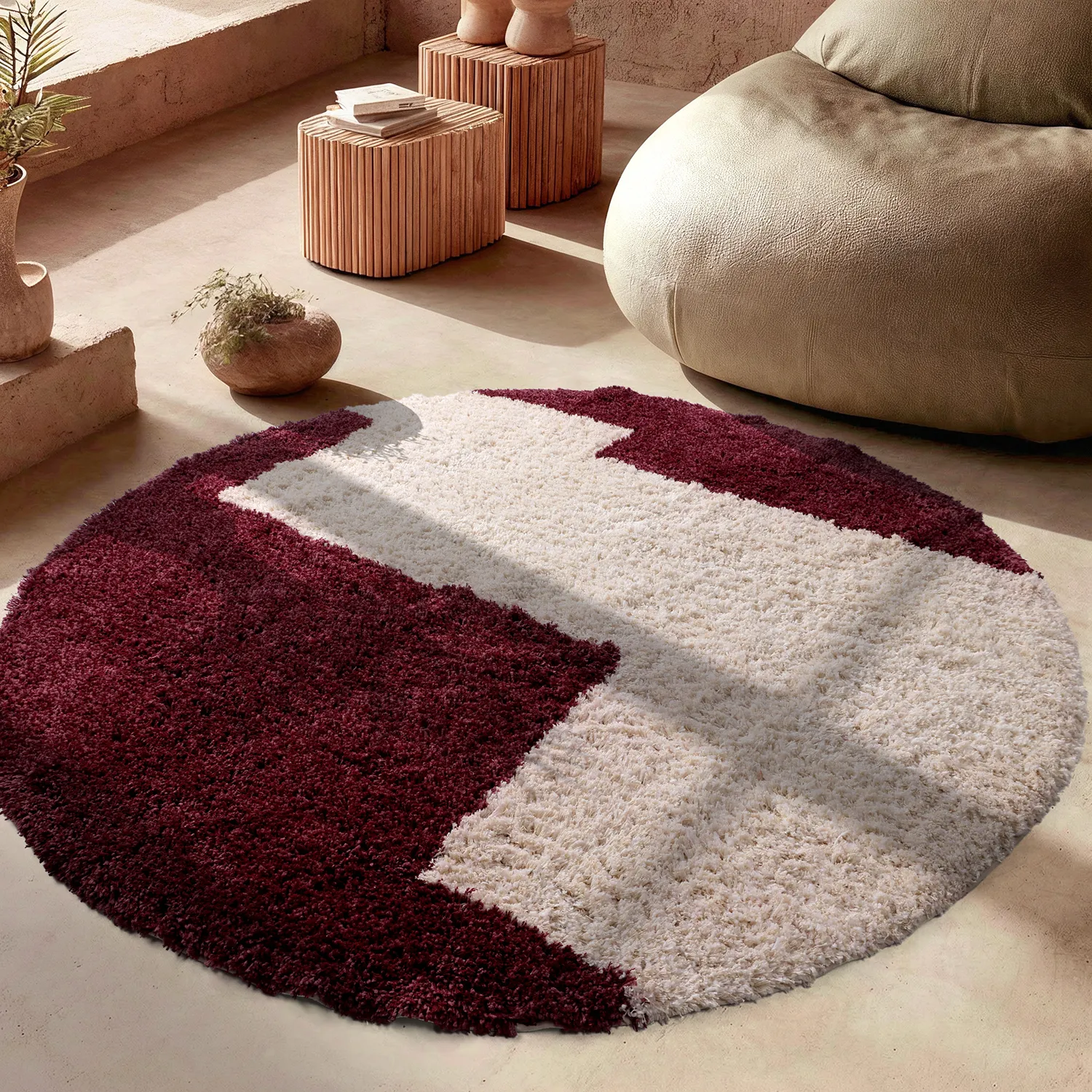 Kerek szőnyeg - Begur Natural Cotton Shaggy (törtfehér/bordó)