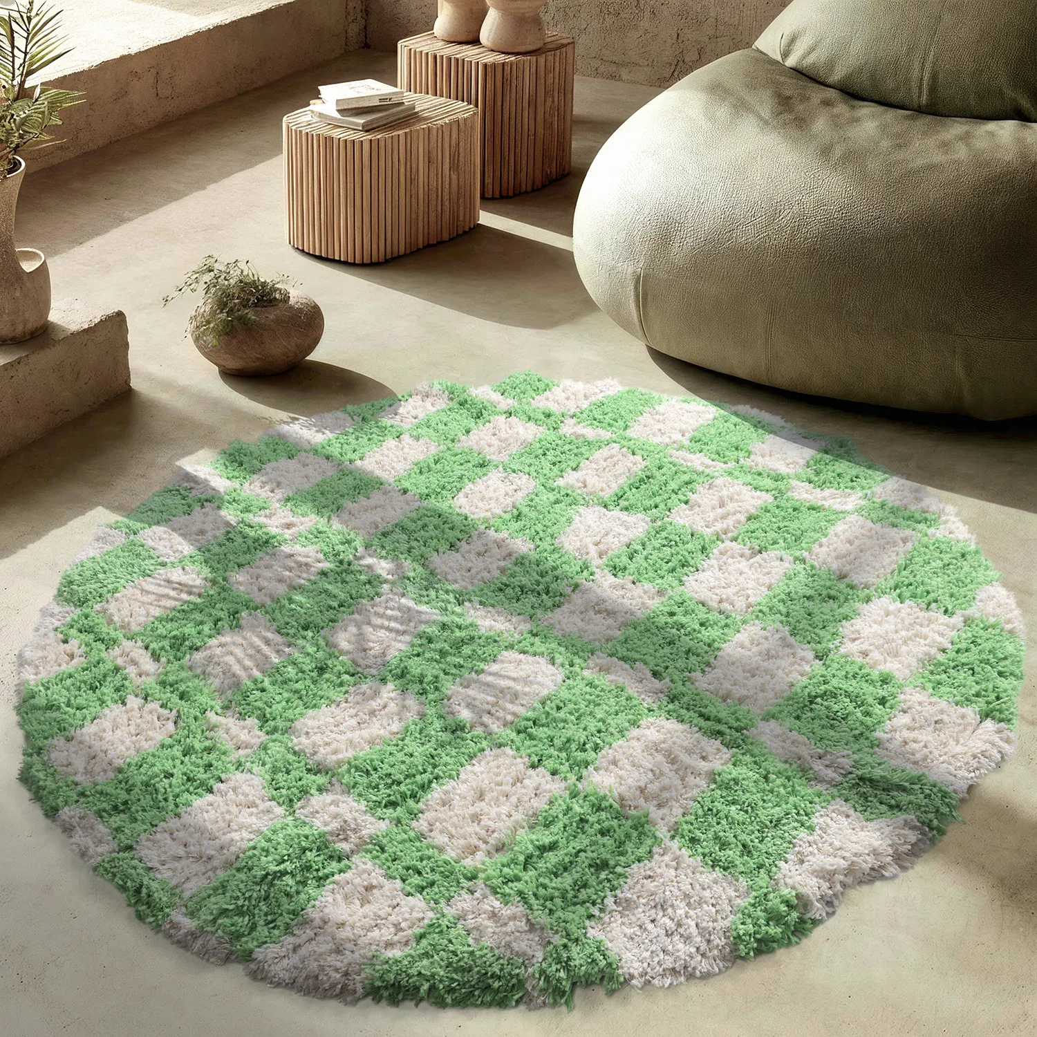 Kerek szőnyeg - Atrani Natural Cotton Shaggy (zöld)