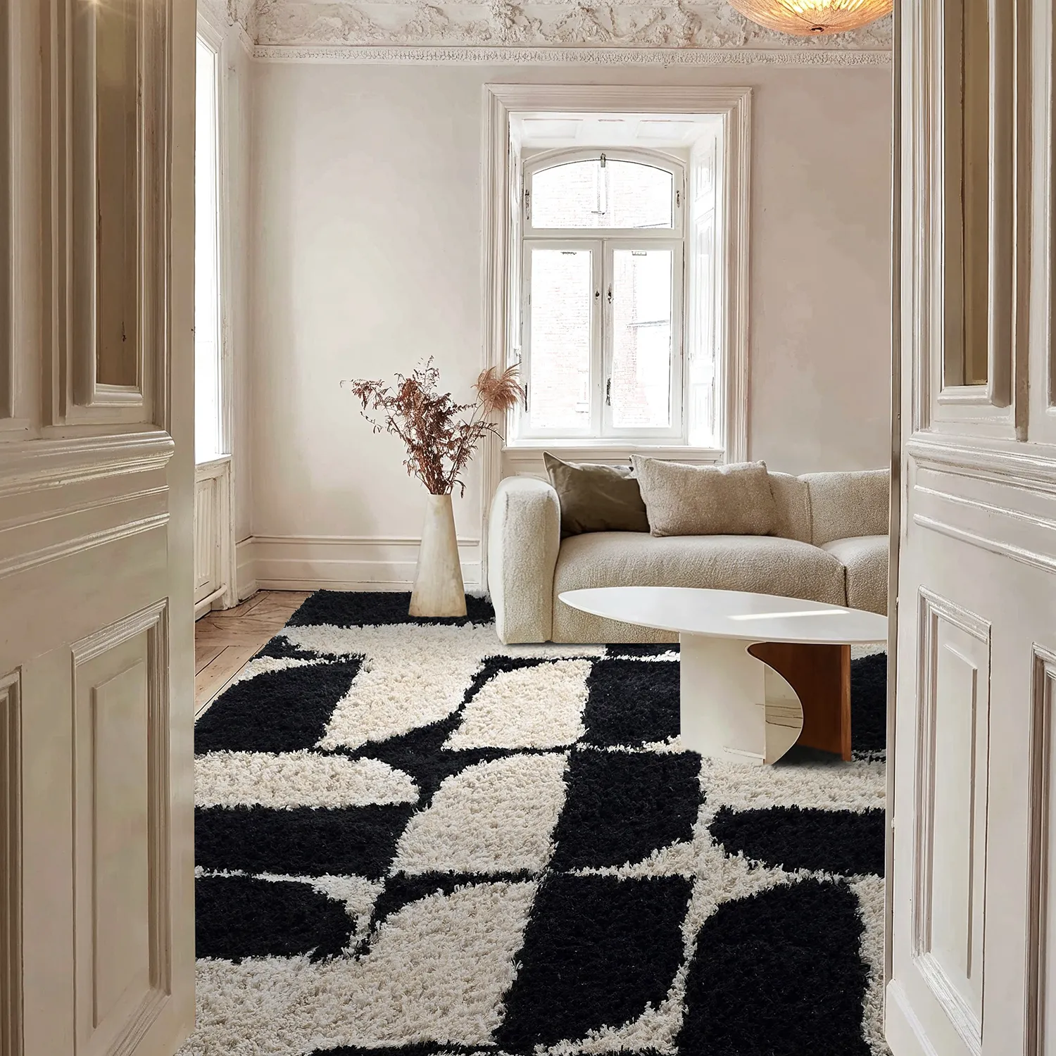 Shaggy szőnyeg - Marvao Natural Cotton Shaggy (törtfehér/fekete)