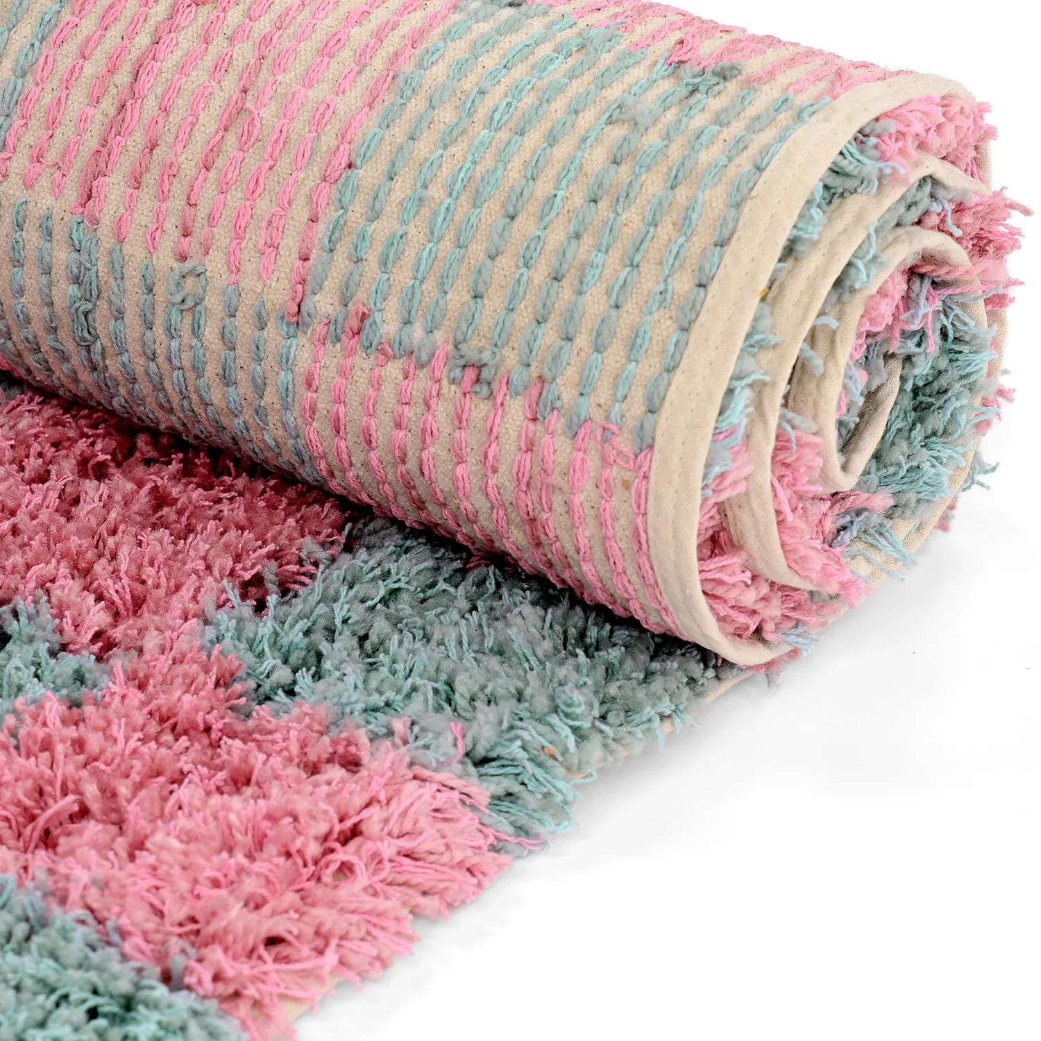Shaggy szőnyeg - Methoni Check Cotton Shaggy (világoskék/világos rózsaszín)