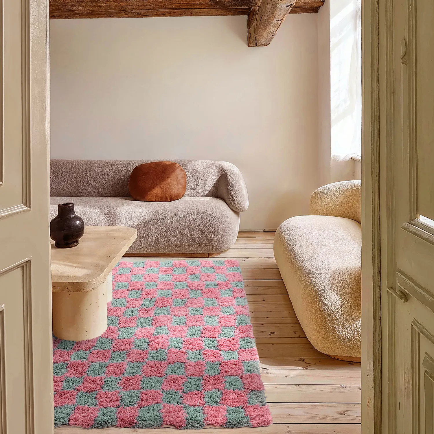 Shaggy szőnyeg - Methoni Check Cotton Shaggy (világoskék/világos rózsaszín)